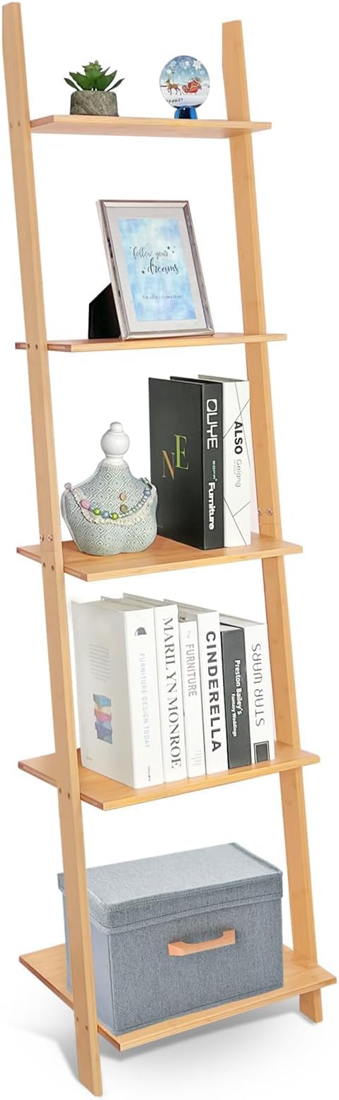 Wall Leaning Ladder Shelf Bookcase,5-Tier Bamboo Storage Rack Shelvest,FreeStanding Plant Stand, Corner Display Shelves for Living Room, Bathroom, Kitchen, Office(65in)