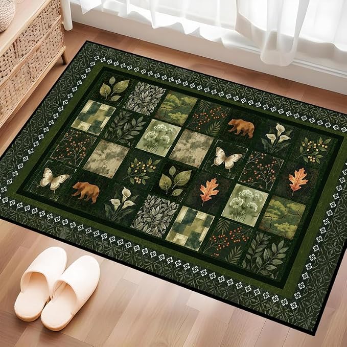 2'x3' Vintage Green Botanical Area Rug Non-Slip Washable Nature Patchwork Carpet Boho Floor Mat Rugs for Entryway Bedroom Living Room Nursery Kitchen Playroom Home Decor
