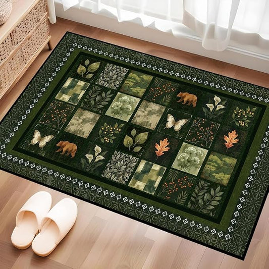 2'x3' Vintage Green Botanical Area Rug Non-Slip Washable Nature Patchwork Carpet Boho Floor Mat Rugs for Entryway Bedroom Living Room Nursery Kitchen Playroom Home Decor