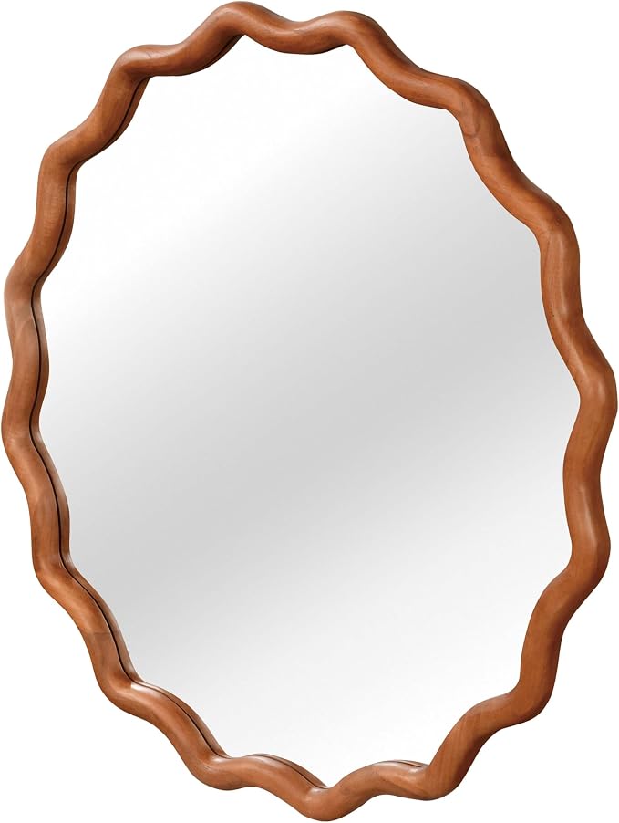 24 Inch Wooden Wavy Round Wall Mirror, Modern Solid Wood Frame Circle Decorative Accent Mirror for Bedroom, Bathroom, Living Room, Entryway, Yellowish Brown