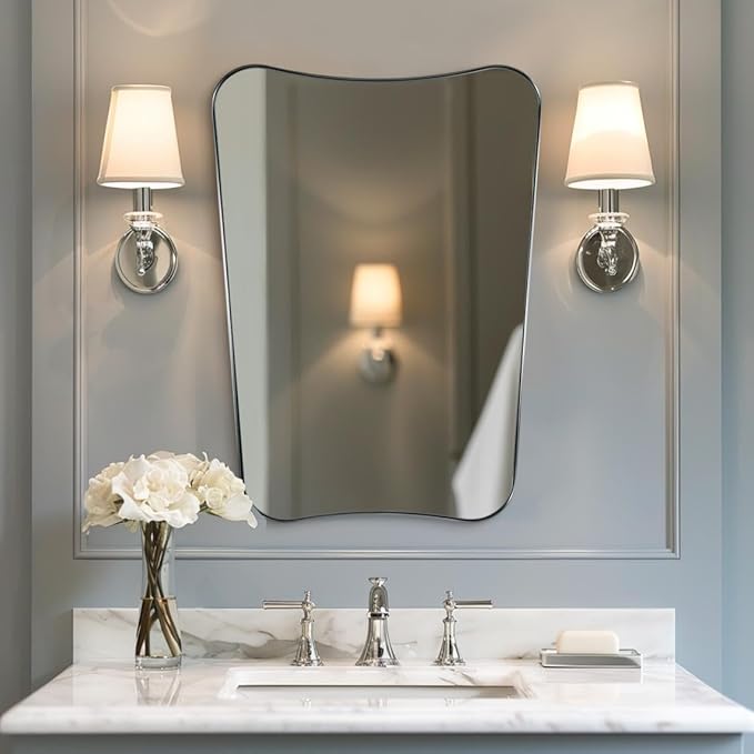 ANDY STAR Chrome Mirror for Bathroom, 22x30 Inch Asymmetrical Mirror, Polished Chrome Bathroom Vanity Mirror with Rust-Proof Stainless Steel 1’’ Frame, Unique Shape for Home Remodel
