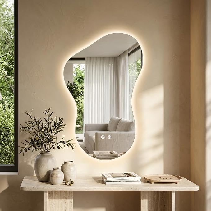 20×32 Irregular Backlit Mirror Asymmetrical Bathroom Mirror with Lights LED Dimmable Mirror for Bathroom Makeup Area