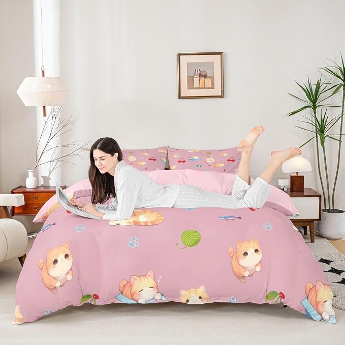 Erosebridal Pink Kitten Bedding Set Twin Cute Pet Cats Animals Duvet Cover Cherry Comforter Cover for Kids Girls Boys Adults Cat Paw Print Bed Set
