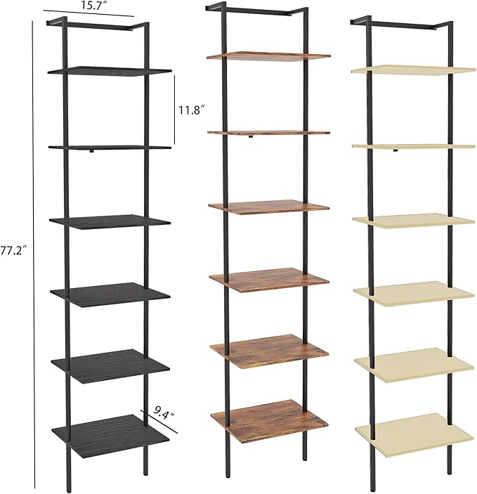 6-Tier Ladder Shelf, 77 Inches Wall Mounted Ladder Bookshelf with Metal Frame, Wood Tall Open Storage Rack and Display Shelves for Home Office Bedroom Living Room, Black