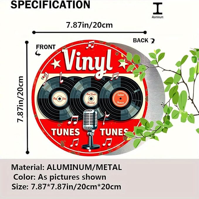 1pc Vintage Aluminum Metal Sign - Vinyl Tunes Round Wall Art - Classic Records & Retro Microphone Design - Ideal for Bar, Cafe, Music Room Decor - 7.8" Diameter