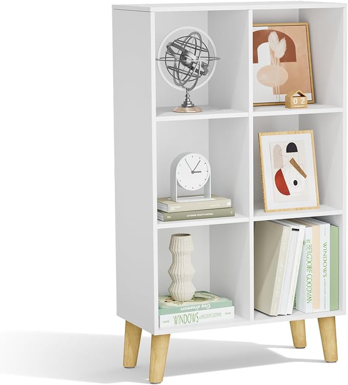 6 Cube Storage Organizer with Legs, 3 Tier Cube Low Bookcase Freestanding Storage Display Organizer for Home Office, Three-Cubes Open Shelf Short Bookshelf (White, 6 Cube Vertical)