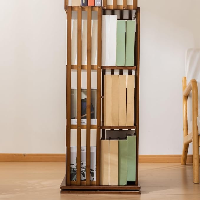 Bamboo Rotating Bookshelf Tower, 360° Spinning Bookcase, 6-Tier Narrow Floor Standing Storage Rack for Corner, Office, Room (Walnut)