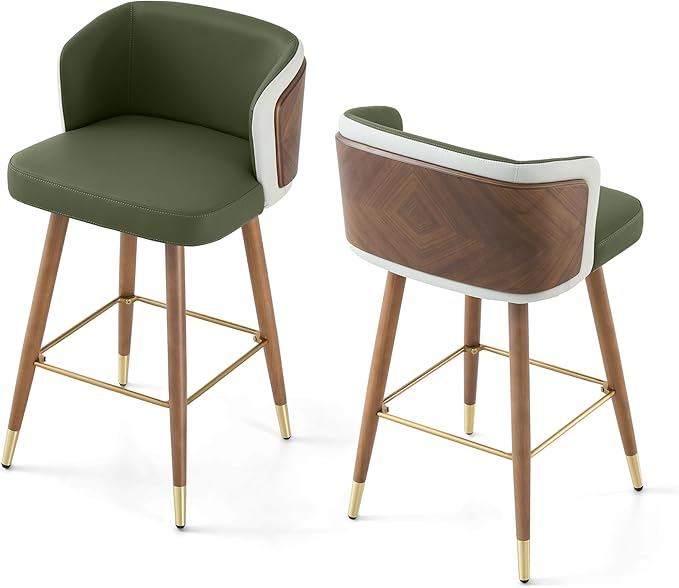 ARTPLAN Mid Century Modern Bar Stools Set of 2 for Counter Height - Leather Upholstered Seat with Walnut Wood Frame, Retro 34 Inch Bar Chairs for Home Kitchen Island, Bar, Breakfast Nook,Army Green