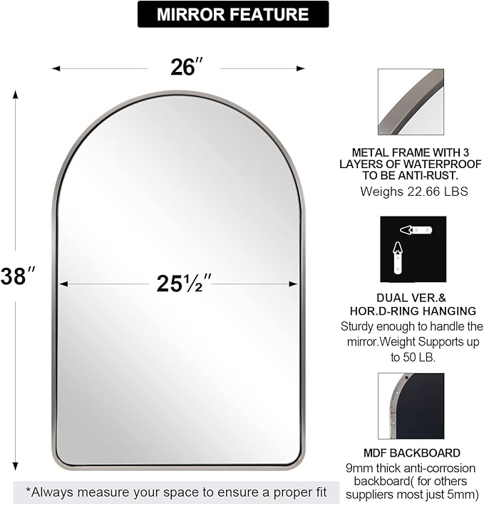 ANDY STAR Brushed Nickel Arched Mirror, 26x38’’ Arched Bathroom Mirro for Wall in Tube Metal Frame, SUS304-Anti-Rust, 1’’ Deep Set Wall Mounted Vertical
