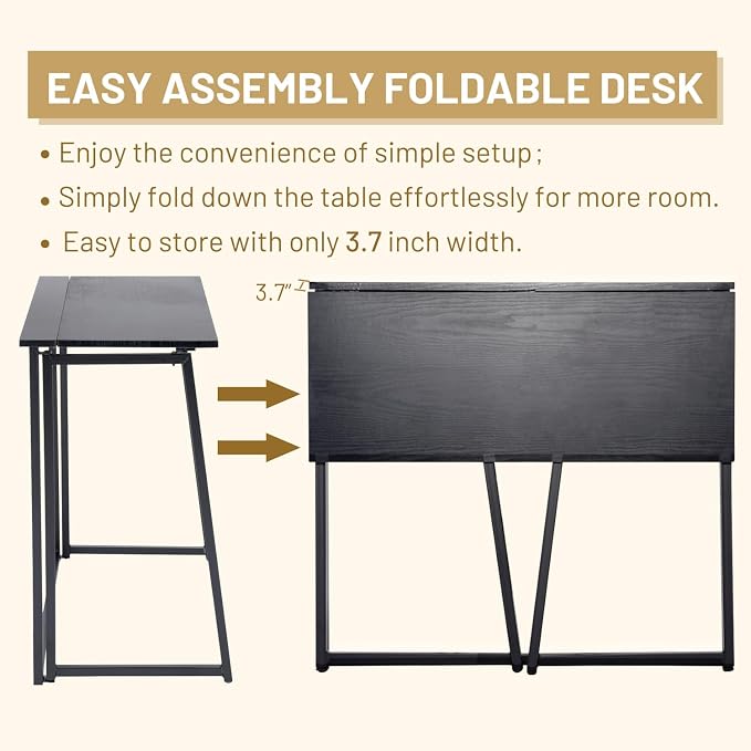 FurnitureR Folding Home Office Desk, 31.5 Inches Foldable Table, Space Saving Computer Study Desk Compact Writing Workstation for Small Space, Black