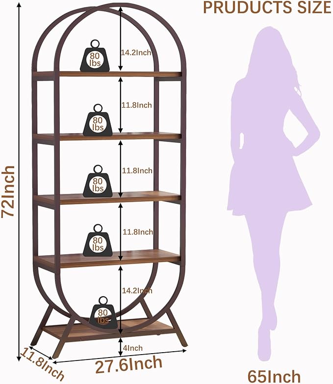 Bookshelf Arched Bookcase, 5 Tier Open Freestanding Display Shelf for Home Office, Living Room, Walnut