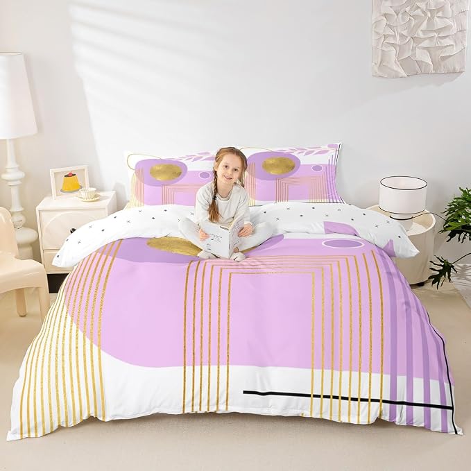 Erosebridal Purple and White Abstract Boho Duvet Cover King Size Minimalist Aesthetic Neutral Comforter Cover Mid Century Modern Bedding Set Botanical Leaves Geometric Bed Set