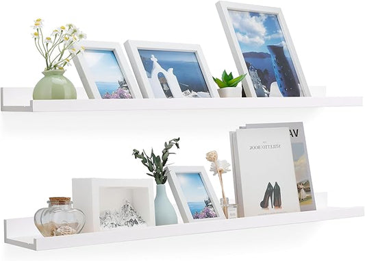 White Floating Shelves for Wall, Wooden Wall Mount Bathroom Shelves with Lip for Bedroom, 48 Inch Farmhouse Picture Ledge Shelf, Hanging Photo Shelves for Living Room Kitchen(White, 2 Pack, 48 Inch)