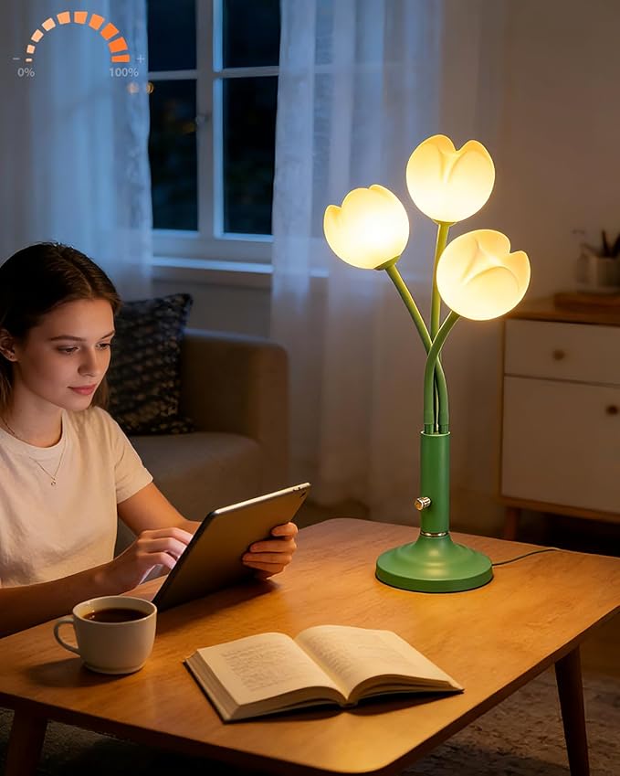 Vintage Green Flower Table Lamp Small Cute Desk Lamps with Adjustable Gooseneck& Bulbs for Girls' Room, 3000K Warm Light Dimmable Bedside Lamp Nightstand Light for Bedroom Living Room