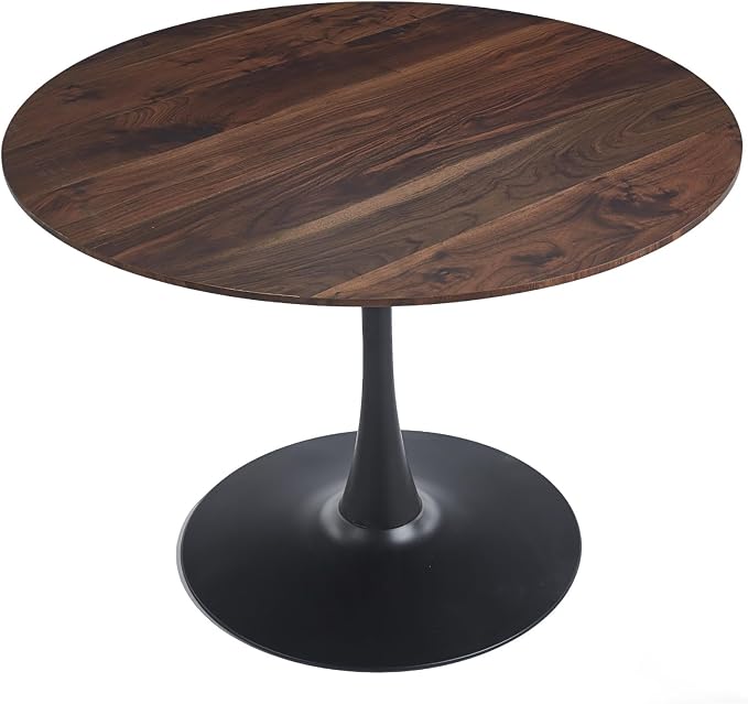 42 Inch Walnut Round Dining Table for 4-6 Person,Mid-Century Walnut Tulip Kitchen Table, Pedestal Metal Base Table for Kitchen Dining Room