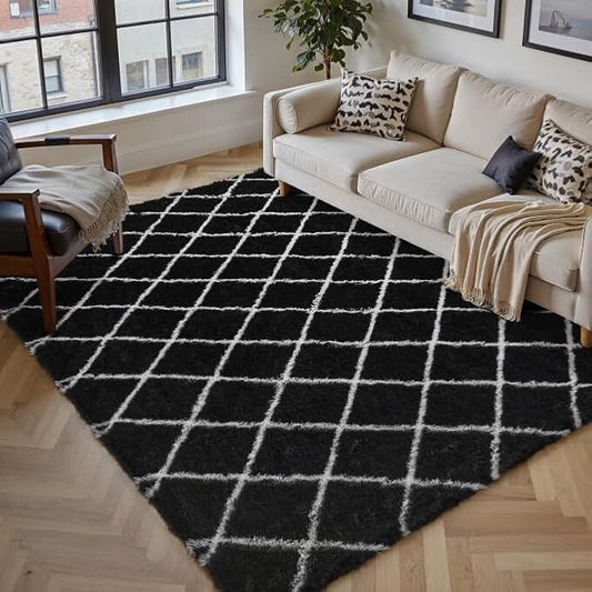 5x7 Checkered Rug for Living Room Black and White Modern Soft Area Rug Fluffy Non-Slip Carpet for Bedroom Playroom Home Aesthetic Decor