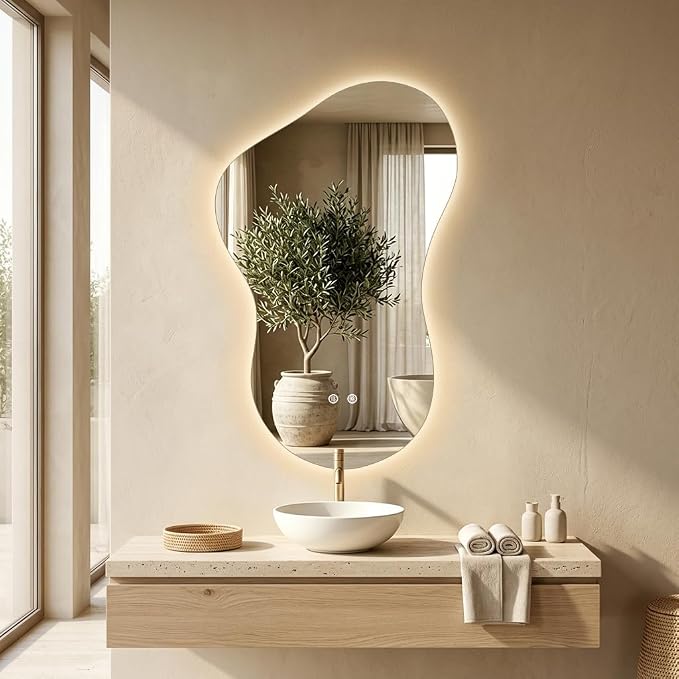 24×36 Irregular Backlit Mirror Asymmetrical Bathroom Mirror with Lights LED Dimmable Mirror for Bathroom Makeup Area