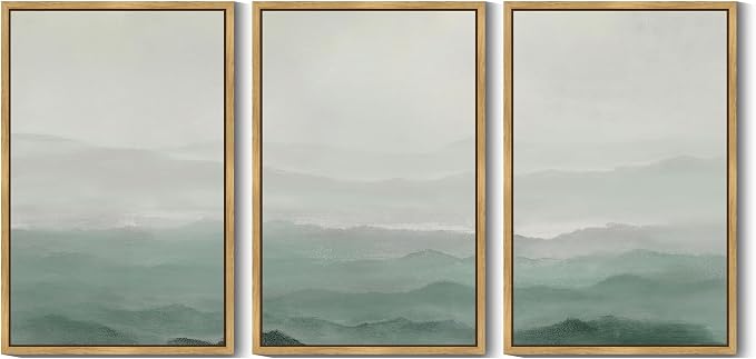 KUVIOKE Green Watercolor Mountains in Fog Framed Canvas Wall Art Wilderness Nature Landscape Artwork Painting Boho Rustic Scenic Relax Cool Room Decor for Bedroom Living Room 24x36in (Natural Framed)