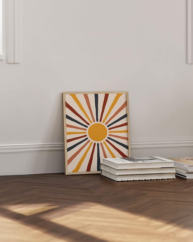 HAUS AND HUES Centered Sun Boho Poster - Mid Century Modern Print, Boho Picture for Wall, Yellow Sun Rainbow Rays (Framed Beige 16x20)