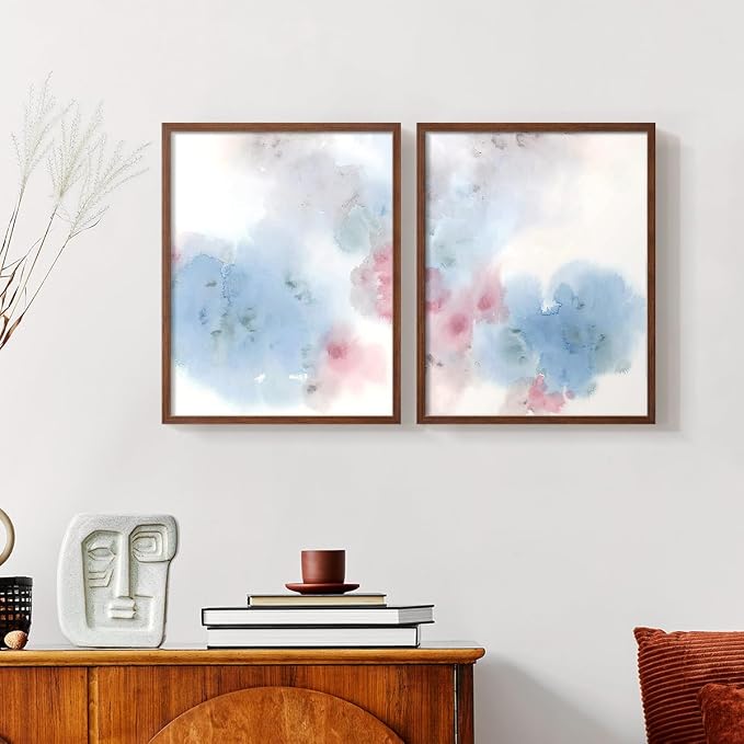Renditions Gallery Set of 2 Peel & Stick Framed Prints, Watercolor Abstract Wall Art, Cotton Candy Splash Wall Decor, Re-Stickable - Ready to Hang - 16"x20" - Walnut Frame LT588