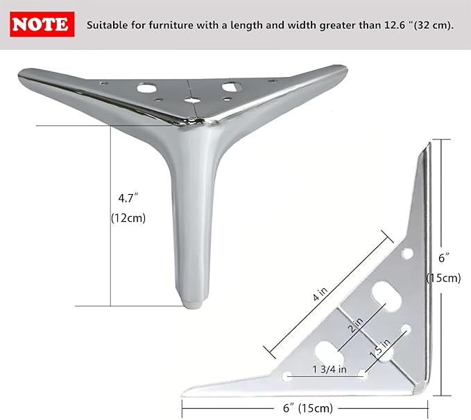 4.7 inch/12cm Shiny Silver Metal Furniture Legs Set of 4, Easy Screw-in Installation, Suitable for Sofas, Dresser, Cabinets & More