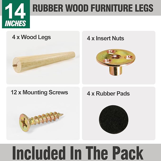 FoDau770 Rubber Wood Furniture Legs 14 Inches, Straight Tapered Wood Feet Mid Century Sofa Legs Set of 4, 5/16" UNC Furniture Feet Replacement Parts for Cabinet Couch Dresser Chair Ottoman Table