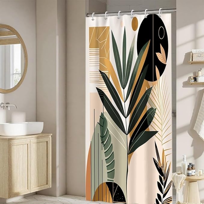 Boho Mid Century Shower Curtain for Bathroom Modern Abstract Minimalist Neutral Bathroom Decor Arch Sun Leaves Chic Aesthetic Bath Curtains Washable Waterproof Polyester Fabric with Hooks 48x72 Inch