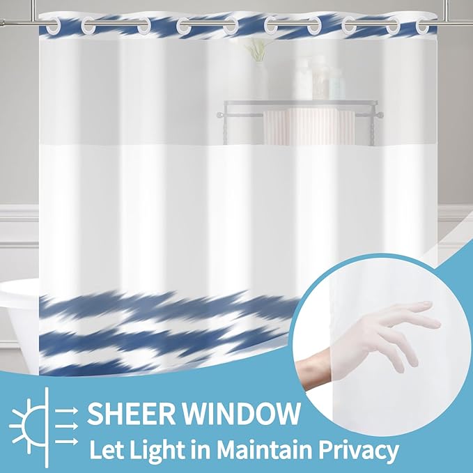 No Hook Blue Striped Shower Curtain with Snap in Fabric Liner Set Washable Wavy Blue Pattern Modern Hotel Quality Shower Curtain with See Through Mesh Double-Layered Curtains for Bathroom 71x74 Inch