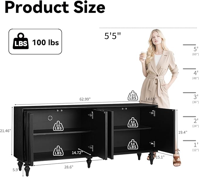 LKTART 62.99" Sideboard Buffet Cabinet with Storage, Solid Wood Kitchen Storage Cabinet Credenza Accent Console Table with Solid Wood Roman Legs Dovetail Door Trim Panel Ash Veneer,Black