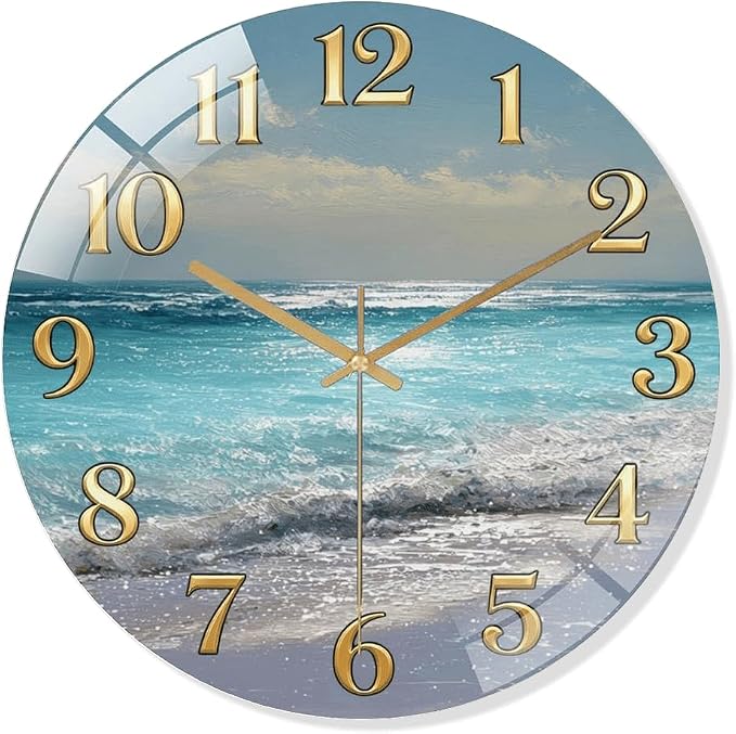 12 Inch Ocean Beach Glass Wall Clock Silent Coastal Art Decor | Silent glossy wall clock featuring a stunning ocean beach scene, perfect for adding a coastal vibe to living room or bedroom
