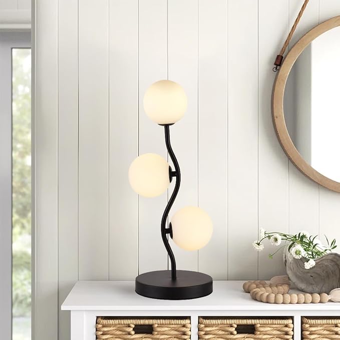 3-Light Curve Black Globe Table Lamp Mid Century Flower Beside Desk Table Light with Milk White Glass Shade Metal Base Nightstand Lamp for Bedroom Bedside