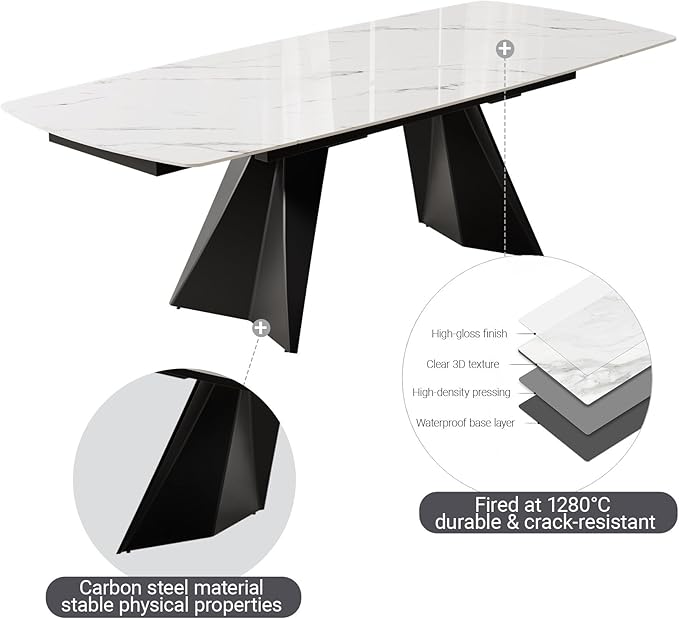 Extendable Dining Table with Leaf, 65"-95" Rectangular Sintered Stone, Marble-Look Top, Seats 6-12, Metal Base, Easy-Clean, Heat & Scratch Resistant, Dining Room/Kitchen Table for Family Gatherings
