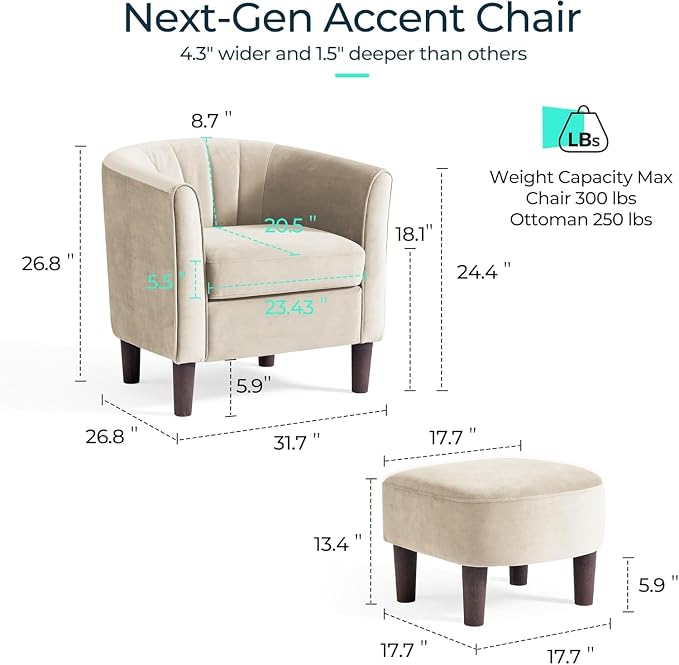 LINSY Accent Chair with Ottoman, Modern Armchair Comfy Barrel Reading Chair with Footrest for Living Room Bedroom Reading Room, Velvet, Cream