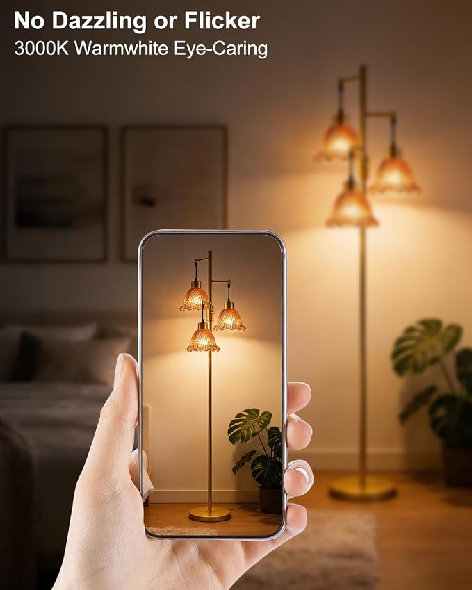 3-Light Modern Glass Floor Lamp, Gold Standing Tall Lamp with Deep Red Glass Shade for Reading, Dimmable LED Floor Lamp with 5Lbs Heavy Base for Living Room Bedroom Home Decor, Bulb Included