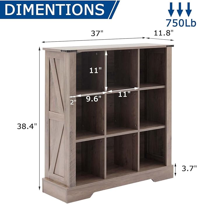 9 Cube Storage Organizer, 3 Tier Book Shelf with Led Lights, Farmhouse Book Shelves for Living Room, Horizontal Toy Storage Bookshelf, Wood Display Bookcase Cabinet for Bedroom, Office, Grey