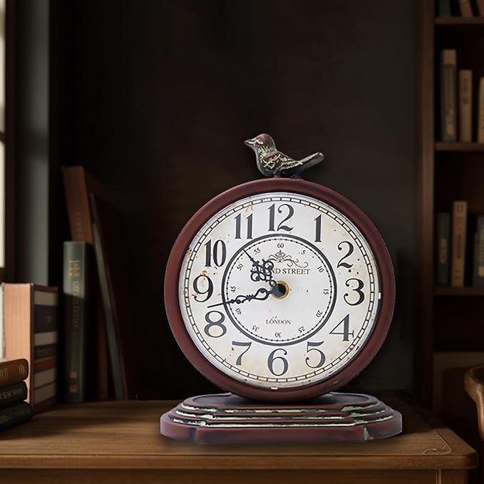 HZDHCLH Vintage Table Clock with Bird,Retro Mantel Clock Battery Operated,Metal Clock for Living Room Shelf Desk Table Fireplace Decor (Rufous)