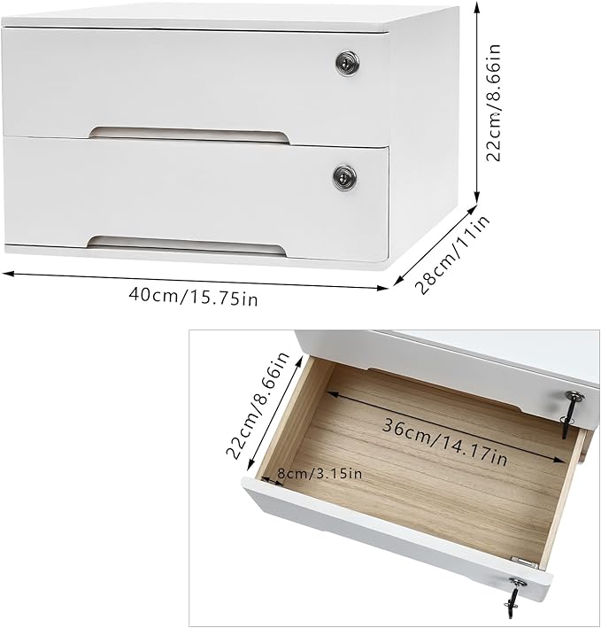 Desktop File Organizer with Lock, 2/3/4 Tier Multi-Drawer Wooden Storage Cabinet, Office Supply Organizer for Home Desk, Study & Workplace (White, 2 Layers)
