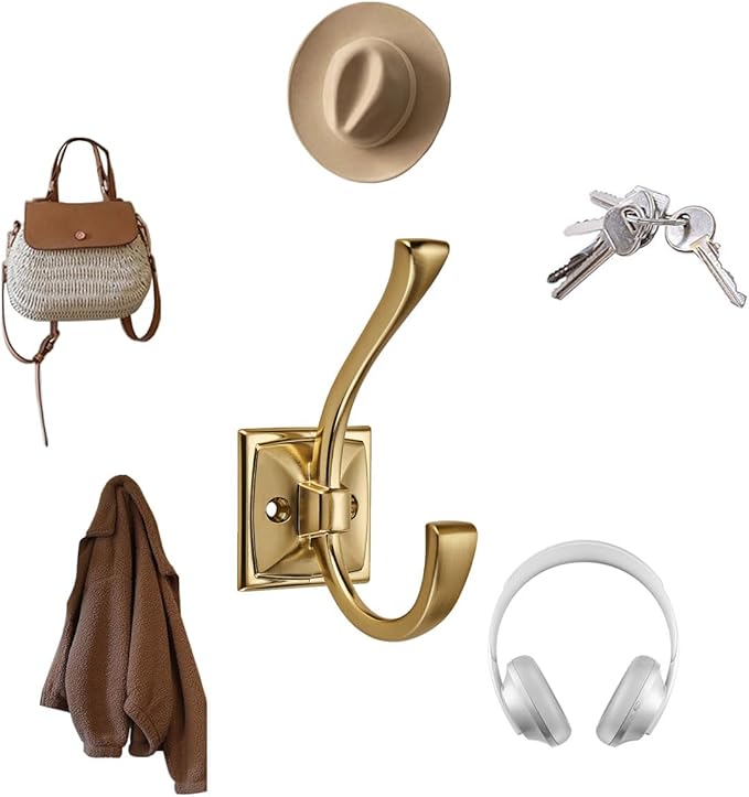 5 Pack Decorative Heavy Duty Towel Hooks for Hanging Robe Double Champagne Bronze Coat Hooks Wall Mounted with Screws for Key, Towel, Bags, Cup, Hat