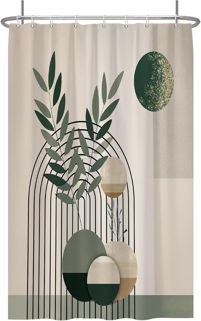 Baocicoo Mid Century Bohemia Green Moon Leaves Shower Curtain - Geometric Aesthetic Bathroom Decor - Polyester Durable Shower Curtain with Hooks - 48x72 Inches