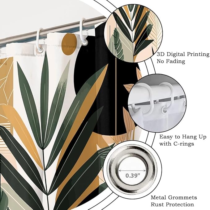 Boho Mid Century Shower Curtain for Bathroom Modern Abstract Minimalist Neutral Bathroom Decor Arch Sun Leaves Chic Aesthetic Bath Curtains Washable Waterproof Polyester Fabric with Hooks 72x78 Inch