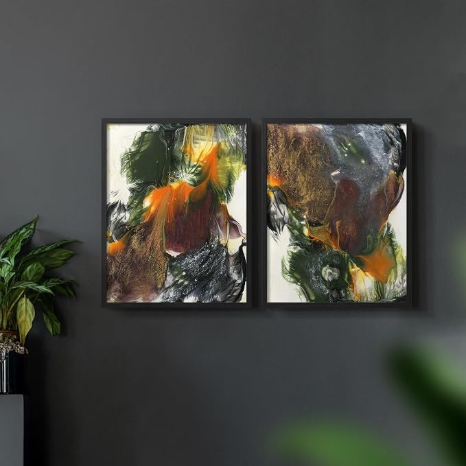 Renditions Gallery Set of 2 Peel & Stick Framed Prints, Watercolor Abstract Wall Art, Colorful Fluid Design Wall Decor, Re-Stickable - Ready to Hang - 16"x20" - Black Frame LT588
