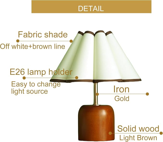 Cute Small Table Lamp, Vintage Mid Century Modern Bedside Nightstand Lamp with Coffee Fabric Lampshade,Solid Wood Base Brown for Bedroom Home Office Decor (Without Buld)