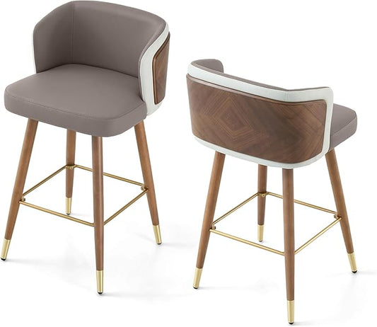 ARTPLAN Mid Century Modern Bar Stools Set of 2 for Counter Height - Leather Upholstered Seat with Walnut Wood Frame, Retro 34 Inch Bar Chairs for Home Kitchen Island, Bar, Breakfast Nook,Gray