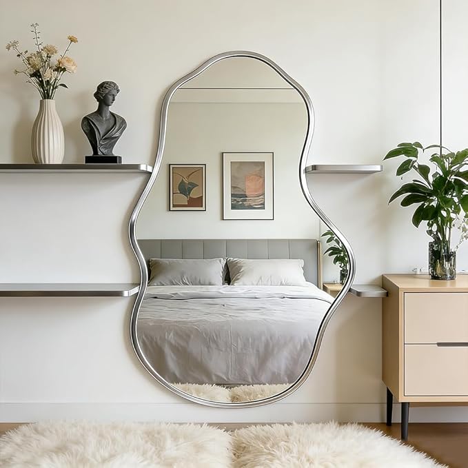 Irregular Wall Mirror Asymmetrical Mirror,18.5''x30'' Silver Mirror for Bathroom Bedroom Living Room Entryway, Decorative Modern Mirror,Wall Mouted（Silver