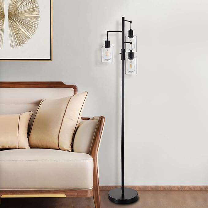 3 Lights Floor Lamp, Industrial Tree Lamp for Living Room Bedroom, Black Modern Dimmable Farmhouse Standing Lamp, Tall Pole with Clear Glass Shade