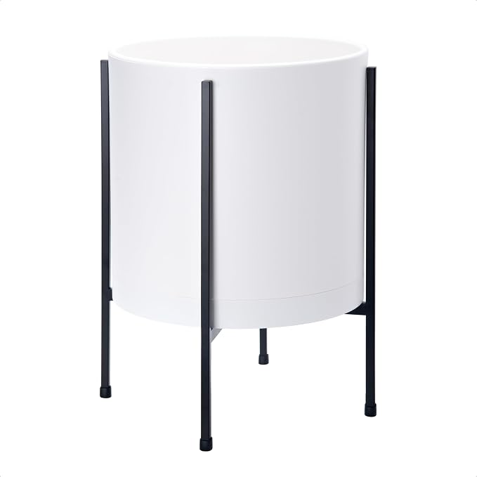 D'vine Dev 12 Inch White Planter Pot with Stand – Modern Plastic Cylinder Flower Pot with Heavy-Duty Metal Stand for Indoor Plants, 55-D-A-3