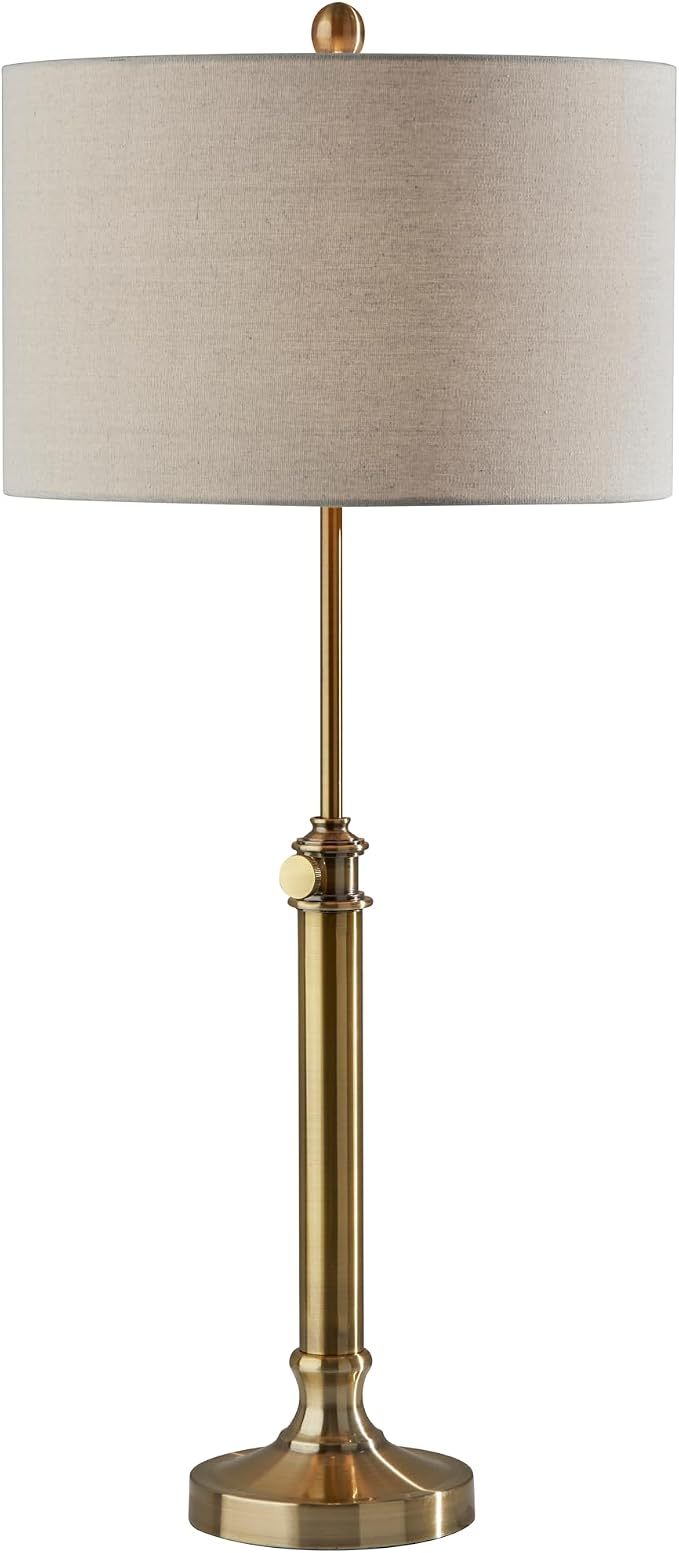 Adesso Antique Brass Table Lamp with Oatmeal Linen Shade – Adjustable Height Accent Light for Bedroom, Living Room, or Home Office, up to 34” Tall
