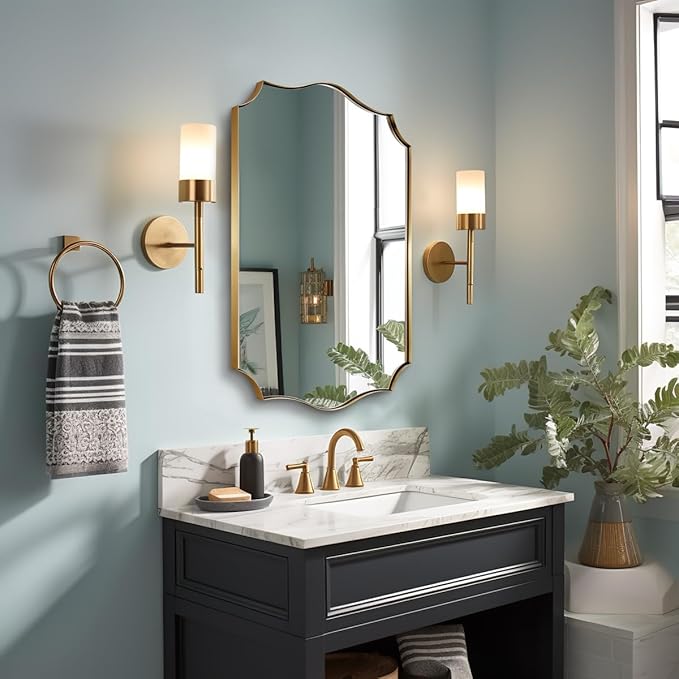 ANDY STAR Gold Mirrors, 24x32 Inch Bathroom Vanity Mirror, Antique Brass Asymmetrical Mirror, Unique Rectangle Mirror with Sophisticated Curved Design, Ideal for Home Decor