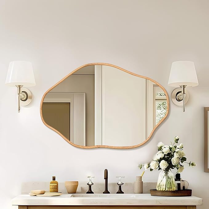 ULIKE Irregular Wall Mirror, 24x36 Inch Asymmetrical Wall Mirror with Solid Wood Frame, Mid-Century Modern Decor with Natural Wood, Vanity Mirrors for Bathroom Bedroom Living Room Entryway