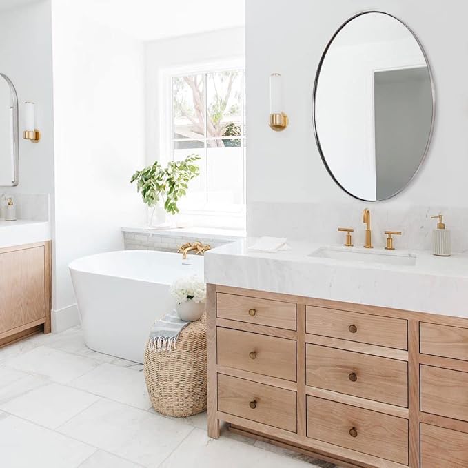 ANDY STAR Brushed Nickel Mirror Bathroom, 24x32 Inch Brushed Nickel Oval Mirror, Stainless Steel Metal Frame Oval Vanity Mirrors Hangs Horizontal or Vertical, Modern Style for Home